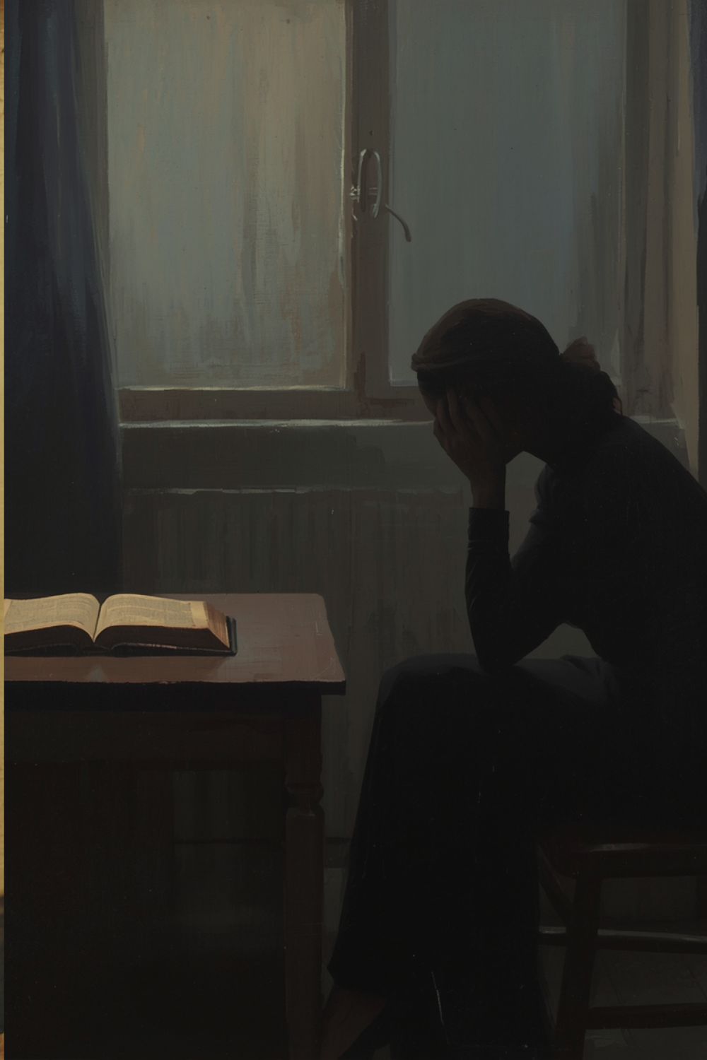 Anonymous woman sitting at a table with her head in her hand, an open book beside her