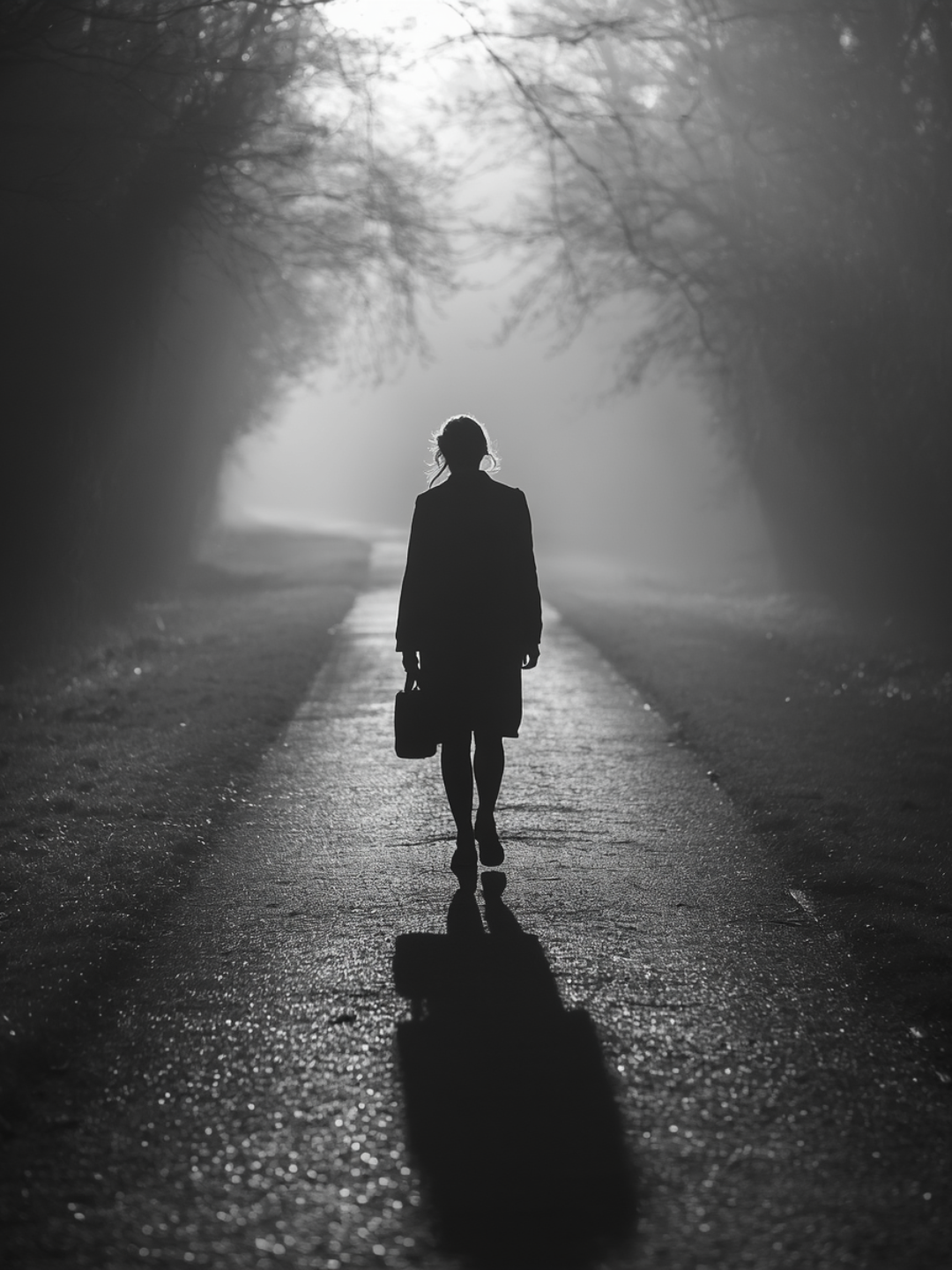 Anonymous woman walking down a misty path carrying a small case